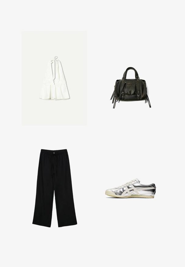 Valkoinen halterneck-toppi, jossa on syvä V-pääntie ja säädettävät nauhat. Vyötärössä on rypytetty rakenne, ja se on valmistettu kevyestä kankaasta.; Mustat, kevyet, leveälahkeiset housut, joissa on joustava vyötärö ja kiristysnauha. Sileä tekstuuri, ei näkyviä kuvioita tai metalliosia.; Hopeapintainen metallinen lenkkari valkoisilla yksityiskohdilla ja nauhoilla. Varustettu teksturoidulla pinnalla, pyöristävällä kärjellä ja kumipohjalla, jossa on kuvioita pitoa varten.; Musta nahkainen käsilaukku letitetuilla kahvoilla, vetoketjullinen tasku ja roikkuvat tupsut. Muotoiltu pinta metallisten niittien ja varusteiden korostuksilla.