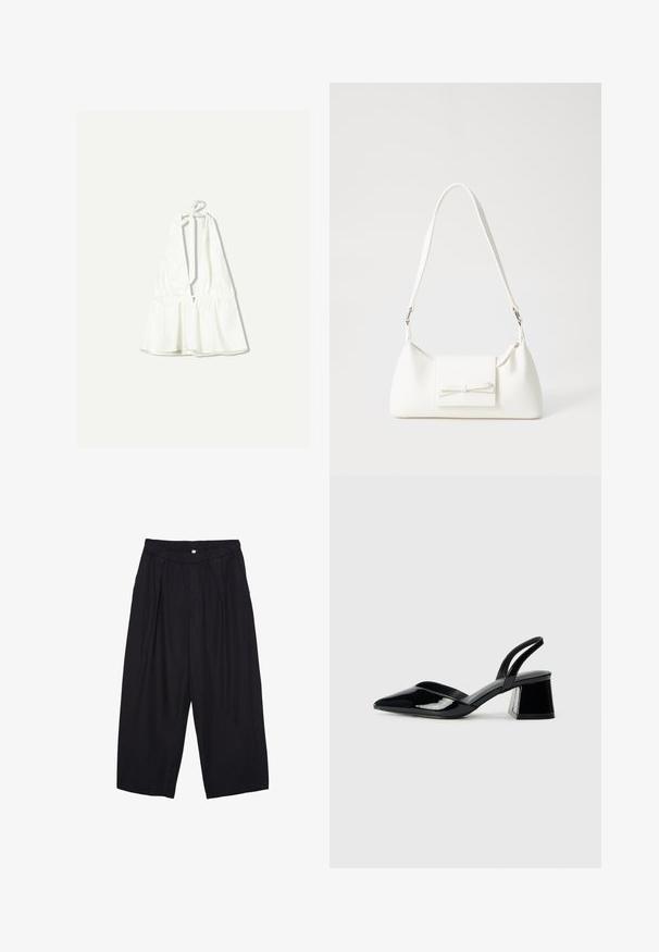 Valkoinen halterneck-toppi, jossa on syvä V-pääntie ja säädettävät nauhat. Vyötärössä on rypytetty rakenne, ja se on valmistettu kevyestä kankaasta.; Musta polyesterinen culotte-housut, jossa on joustava vyötärö, kaksi etupleettiä ja löysä siluetti. Ei näkyviä kuvioita tai metallisia yksityiskohtia.; Mustat patentoitu nahkakengät, joissa on säären takaosa ja terävä kärki, sekä geometrinen palikkakorko. Sisältää tyylikkään, minimalistisen muotoilun ja sileän pinnan.; Valkoinen synteettinen käsilaukku, jossa on kolmikulmainen muoto, tasainen etu läppä ja nauhadetail, säädettävä olkahihna, sileä rakenne ja minimalinen muotoilu.