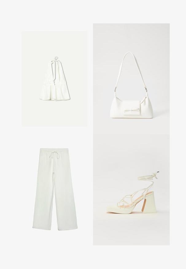 Hvid halterneck-top med dyb v-udskæring og justerbare knyde-stropper. Har indsamlet tekstur ved taljen og er lavet af et letvægtsstof.; Hvide bukser med bred ejer lavet af blødt stof. Har en elastisk talje med snor og en glat tekstur. Ingen synlige mønstre eller hardware.; Hvide højhælede sandaler med en kraftig hæl, der har et stropdesign og ankelbinding. Glat tekstur med en platform foran for ekstra højde.; Hvid syntetisk håndtaske med en trekantet form, flad forsideklap og sløjfedetalje, justerbar strop, glat tekstur og minimalistisk design.