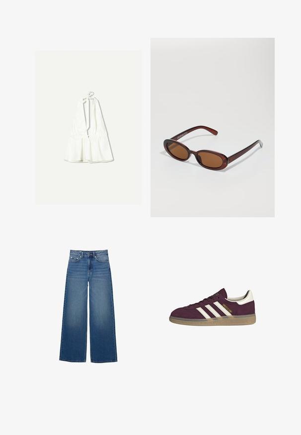 Hvid halterneck-top med dyb v-udskæring og justerbare knyde-stropper. Har indsamlet tekstur ved taljen og er lavet af et letvægtsstof.; Bredde ben blå jeans lavet af denim, med høj talje, syede detaljer og et enkelt design med en let falmende effekt.; Maroonsuede sneakers med hvide tre striber og beige accenter. Har en tekstureret gummisål og gyldent branding på siden.; Runde, bruntonede solbriller med en glansfuld bordeauxramme. Slanke arme med diskret brandingdetalje. Flad linsedesign.; Brun vævet læderhandbag med en slasket, trekantet form. Har et flettet håndtag og en lynlåslukning langs toppen.