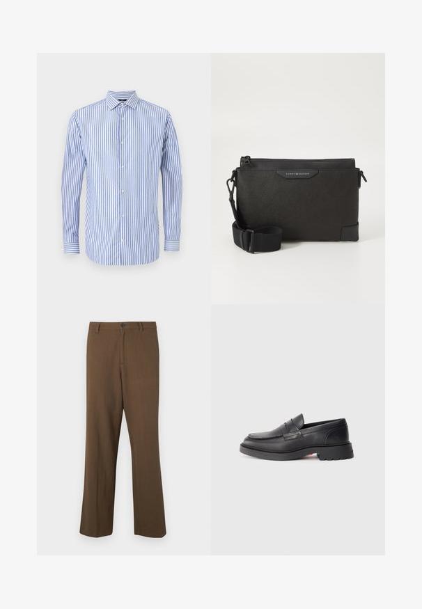 Camisa de botones a rayas azul y blanca con cuello, mangas largas y dobladillo recto. Tejido suave y corte clásico.; Pantalones rectos marrones hechos de tela texturizada, con cierre de botón y cintura estándar, con bolsillos laterales y costuras ajustadas.; Mocasines de cuero negro con punta redondeada, costura elevada y suela de goma gruesa. Diseño simple con mínima marca en el lateral.; Bolso bandolera de piel negra con acabado texturizado, que cuenta con cierre de cremallera y correa ajustable. Parche con el logotipo en la parte delantera. Forma rectangular.