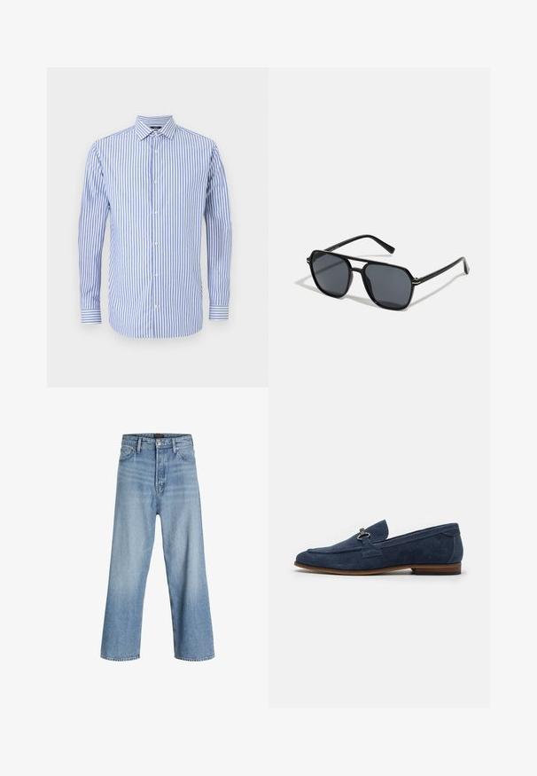 Camicia button-up a righe blu e bianche con colletto, maniche lunghe e orlo dritto. Tessuto morbido e vestibilità classica.; Jeans blu chiaro a gamba larga realizzati in denim, con vita alta, classico design a cinque tasche e chiusura a bottone con zip.; Mocassino in suede blu navy con punta rotonda, piccolo accento decorativo e suola marrone a contrasto. Tessuto liscio con dettagli di cucitura sottile.; Occhiali da sole neri con montatura ottagonale, lenti scure, finitura lucida, aste sottili e dettagli dorati sul davanti.