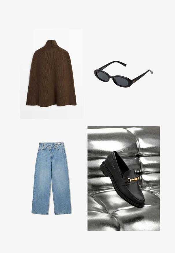 Hnědé žebrované pletené pončo s vysokým límcem a volným siluetou, navržené bez zapínání, se strukturálním povrchem.; Světlé modré široké džínové kalhoty vyrobené z denimu, s vysokým pasem, pěti kapsami, knoflíkovým zapínáním a jemným vyblednutím pro texturu.; Černé kožené loafery s detaily zlatého kovu. Obuv má elegantní design a hladký, lesklý povrch.; Černé oversized sluneční brýle s oválnými čočkami, hladkým plastovým rámem a zlatými akcenty na spáncích. Tmavé čočky poskytují ochranu před sluncem.; Měkká hnědá kabelka ve stylu hobo s jedním širokým popruhem a zakřiveným horním otvorem, vystavená na bílém pozadí.