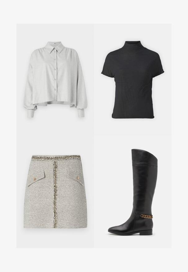 DRYKORN FLANNA - Button-down blouse - brown; Black short-sleeve turtleneck top made of lightweight fabric with a smooth texture and a fitted shape, featuring a high neckline.; Woven tweed skirt in white and black herringbone pattern, features two front pockets and a gold-tone zipper at the back with frayed edges.; Tall black leather boots with a sleek design, pointed toe, and a gold chain accent at the ankle. Low block heel. Smooth texture.