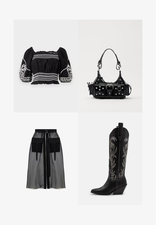 Blusa negra sin hombros con mangas abullonadas, con patrones bordados en blanco y tejido texturizado, cintura fruncida y puños elásticos.; Falda negra transparente con una cinturilla fruncida, que presenta dos grandes bolsillos frontales, un lazo en la cintura y un acento metálico circular.; Botas de cowboy de cuero negro con puntas afiladas, tacones cuña y patrones florales bordados en plata a lo largo del caña. Costuras en contraste por toda la bota.; Bolso de mano de cuero negro con un diseño curvado, que cuenta con tachuelas plateadas, una hebilla y dos bolsillos laterales. Correa ajustable para opciones de transporte.