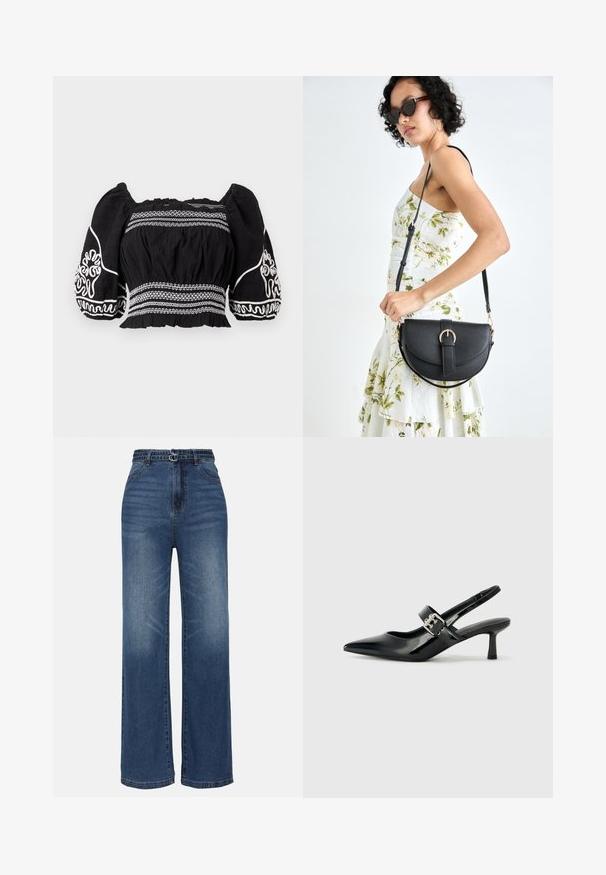 Čierna blúzka bez ramienok s nadýchanými rukávmi, zdobená bielymi vyšívanými vzormi a textúrovanou látkou, so zberaným pásom a elastickými manžetami.; Voľné modré džínsy s vysokým pásom, s dvoma kovovými prackami, jemným vyblednutím a štandardným dizajnom s piatimi vreckami.; Čierne patentové kožené sandále na podpätku so špicatou špičkou a malým blokovým podpätkom, s dekoratívnou striebornou sponou na remienku.; Čierna kožená kabelka s zaobleným tvarom, odnímateľným popruhom a zlatými doplnkami. Kabelka má klopu s detailom s prackou.