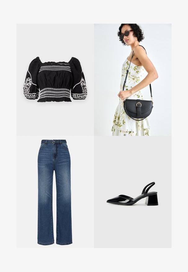 Fekete, vállnál nyitott blúz puffos ujjakkal, fehér hímezett mintákkal és texturált anyaggal, ráncolt derékkal és elasztikus mandzsettákkal.; Széles szárú kék farmernadrág magas derékkal, két fém csattal, finom kopással és hagyományos öt zsebes dizájnnal.; Fekete lakk bőr szandálkés magas sarkú cipő, hegyes orral és geometrikus tömbsarkakkal. Karcsú, minimalista dizájn és sima textúra jellemzi.; Fekete bőrtáska ívelt formával, levehető pánttal és arany színű fémrészekkel. A táskán egy csattal díszített fedél található.