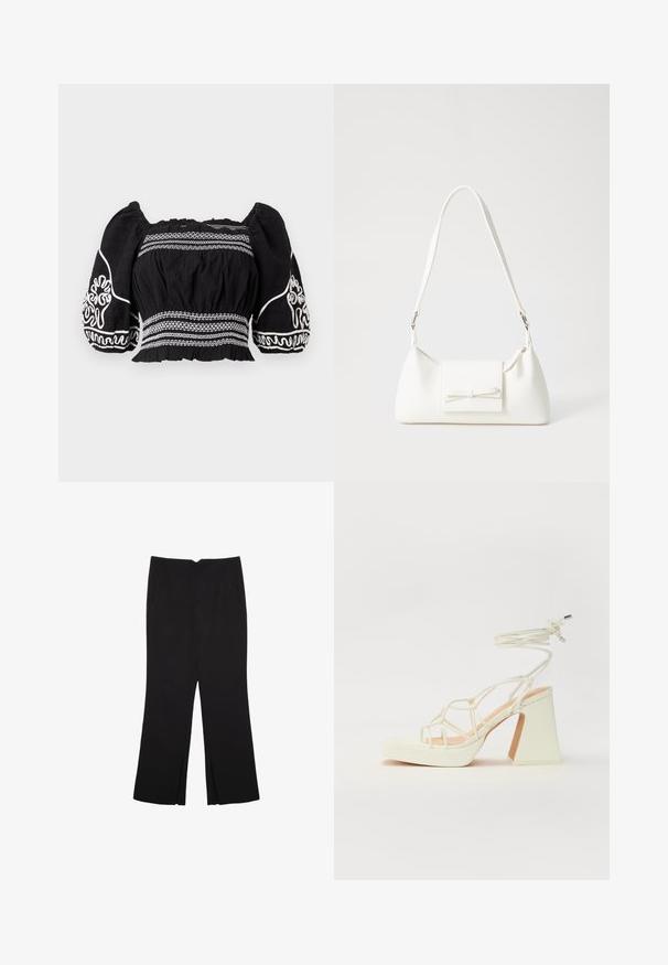 Sort off-shoulder bluse med puffærmer, prydet med hvide broderede mønstre og tekstureret stof, med samlet talje og elastiske manchetter.; Sorte bukser med lige pasform, der har frontlommer og slidser i kanten. Lavet af blødt, glat stof. Velegnet til forskellige anledninger.; Hvide højhælede sandaler med en kraftig hæl, der har et stropdesign og ankelbinding. Glat tekstur med en platform foran for ekstra højde.; Hvid syntetisk håndtaske med en trekantet form, flad forsideklap og sløjfedetalje, justerbar strop, glat tekstur og minimalistisk design.