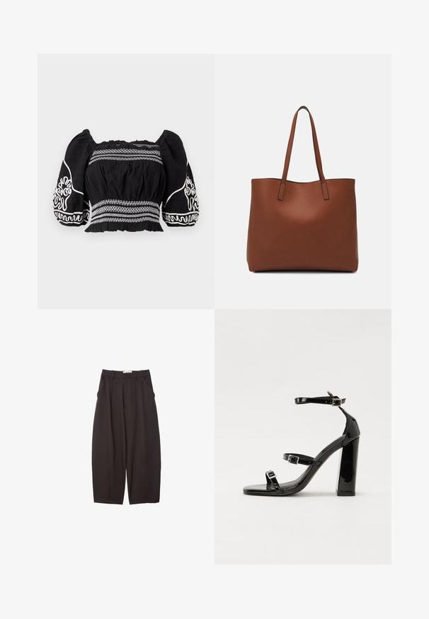 Sort off-shoulder bluse med puffærmer, prydet med hvide broderede mønstre og tekstureret stof, med samlet talje og elastiske manchetter.; Sorte brede bukser lavet af et glat stof, med høj talje, forfaldne folder og sidelommer. Simpelt design uden udsmykninger.; Sorte laklædersandaler med høje hæle, to spænderemme, firkantet tå og en kraftig blokhæl, der har en glat, blank overflade.; Brun læder tote taske med en glat overflade, åben topdesign og to skulderremme. Har minimal syning og ingen synlig hardware.
