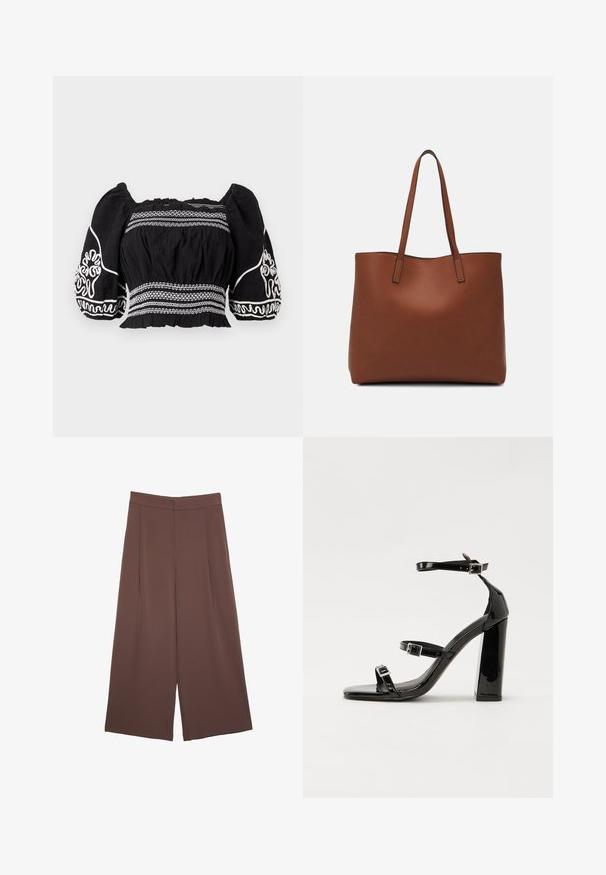 Schwarze schulterfreie Bluse mit Puffärmeln, die über weiße gestickte Muster und strukturierten Stoff verfügt, sowie einer gerafften Taille und elastischen Bündchen.; Braune Weite-Leg-Hosen mit einer glatten Textur, hoher Taille und Vorderfalten. Der Stoff ist leicht und fällt locker.; Schwarze patentierte Sandalen mit Absatz, quadratischer Spitze, Knöchelriemen und silbernen Schnallen. Mit einem stabilen Blockabsatz für mehr Stabilität.; Braune Leder-Tote mit glatter Textur, offenem Oberteil und zwei Schulterriemen. Verfügt über minimale Nähte und keine sichtbaren Beschläge.