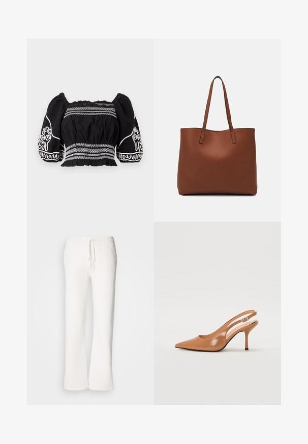 Mustmust õlgadelt avatud must pluus puffvarrukatega, millel on valged tikandid ja teksakangas, kokkuvõttega talje ning elastsed mansetid.; Valged, mugavad spordipüksid, mis on valmistatud pehmest kangast, elastse talje ja nööridega, sirgete jalgadega disainiga.; Küüntega slingback konts, mis on valmistatud siledast ja läikivast tan värvi materjalist. Omab kaarjat lõigatud disaini ja õhukest stiletto kontsa. Hõbedane pandla detail.; Pruun nahast tote-kott, millel on sile tekstuur, avatud ülaosa disain ja kaks õlarihma. Omab minimaalset õmblust ja nähtavat riistvara ei ole.