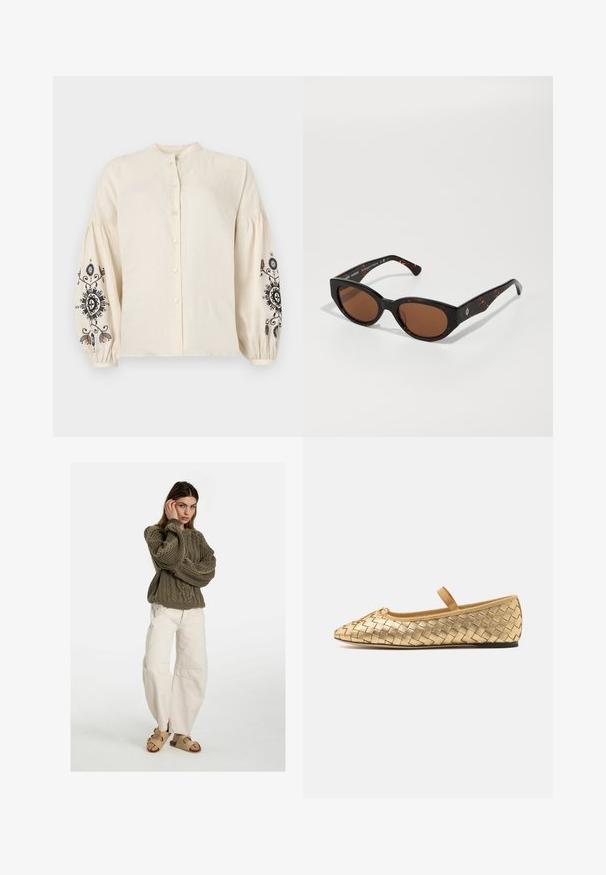 Cremfarbene Leinenbluse mit Stehkragen, vorderem Knopfverschluss und puffigen Ärmeln, die mit schwarzer und bunter Blumenstickerei verziert sind.; Free People GOOD LUCK MID RISE BARREL - Jeans Relaxed Fit - beige; Loeffler Randall LEONIE SOFT BALLET FLAT - Riemchenballerina - gold; Schwarze Schildpatt-Sonnenbrille mit braunen Gläsern, eckigem Design und breiten Bügeln, die ein dezentes Logo-Detail aufweisen. Glatte Kunststoffoberfläche.