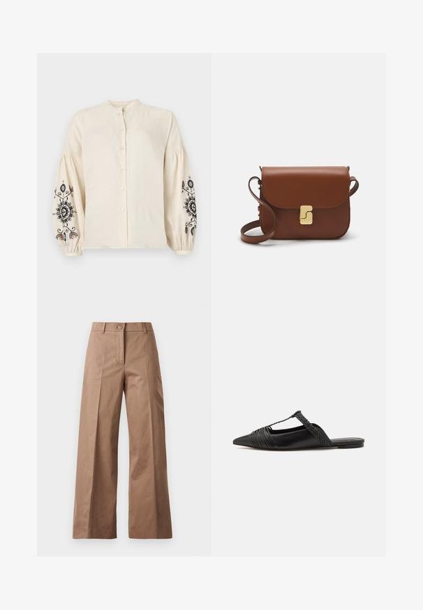 Blouse en lin crème avec un col mandarin, boutons sur le devant et manches bouffantes ornées de broderies florales noires et colorées.; Pantalons larges marron en tissu lisse, dotés d'une fermeture à bouton à l'avant, de deux poches avant et de lignes nettes et ajustées.; Chaussure en cuir noir à talon ouvert avec un bout pointu, présentant un accent tressé et un design supérieur plissé. Semelle plate avec un matériel minimal.; Sac à main en cuir marron avec une fermeture à rabat, des accents en métal doré, une bandoulière et une texture lisse. Forme rectangulaire compacte.