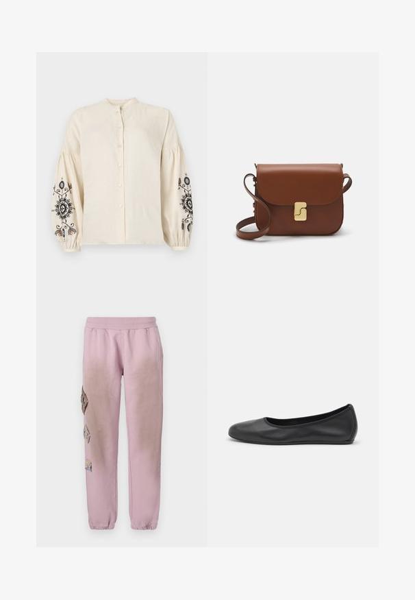 Kreem värvi linane pluus mandariinikaeluse, esitõmbluste ja paisutatud varrukatega, millel on mustad ja värvilised lillekirjad.; Roosa spordipüksid elastse paelaga vööl, millel on vasakul küljel dekoratiivsed rombikujulised plaastrid ja elastsed mansetid pahkluude juures.; Musthave mustika tantsutossud mustast nahast, ümmarguse varbaga, siledast tekstuurist, minimaalse õmblusdetailiga ja paindliku tallakujundusega.; Pruunist nahast käekott, millel on klapiga sulgur, kuldne riistvara, õlarihm ja sile tekstuur. Kompaktne ristkülikukujuline vorm.