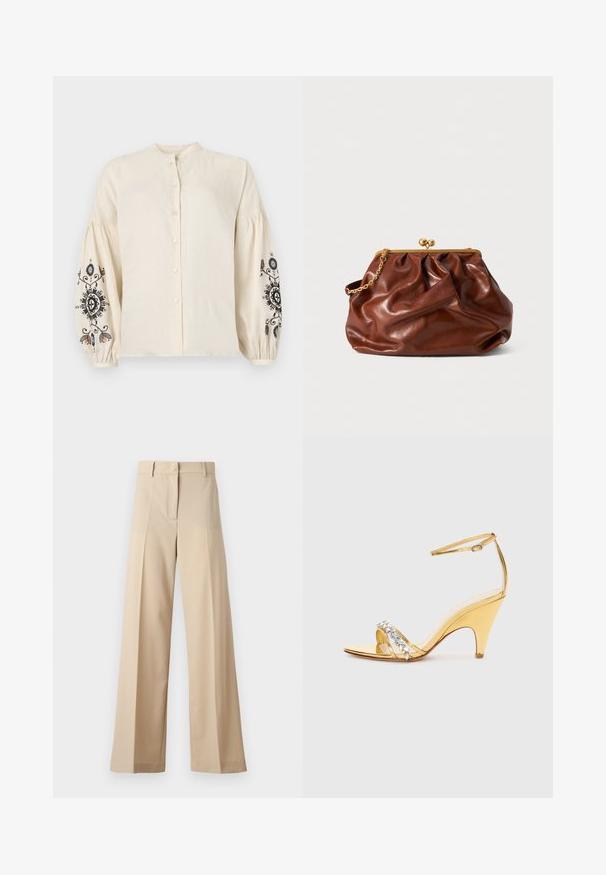 Bluză din in crem cu guler chinezesc, nasturi în față și mâneci bufante, decorată cu broderie florală neagră și colorată.; Pantaloni bej cu picioare largi, confecționați dintr-un material neted, cu un front plat și plisse, fermoar la șold și curea. Croi adaptat pe tot corpul.; Sandalie cu toc aurit și design cu curele, având un band cu aplicații de strasuri. Vârful descoperit, curea la glezna ajustabilă, și toc conic.; Plică din piele maro cu ramă aurie și mânere scurte din lant auriu, având o textură moale, pliată pe un fundal alb.