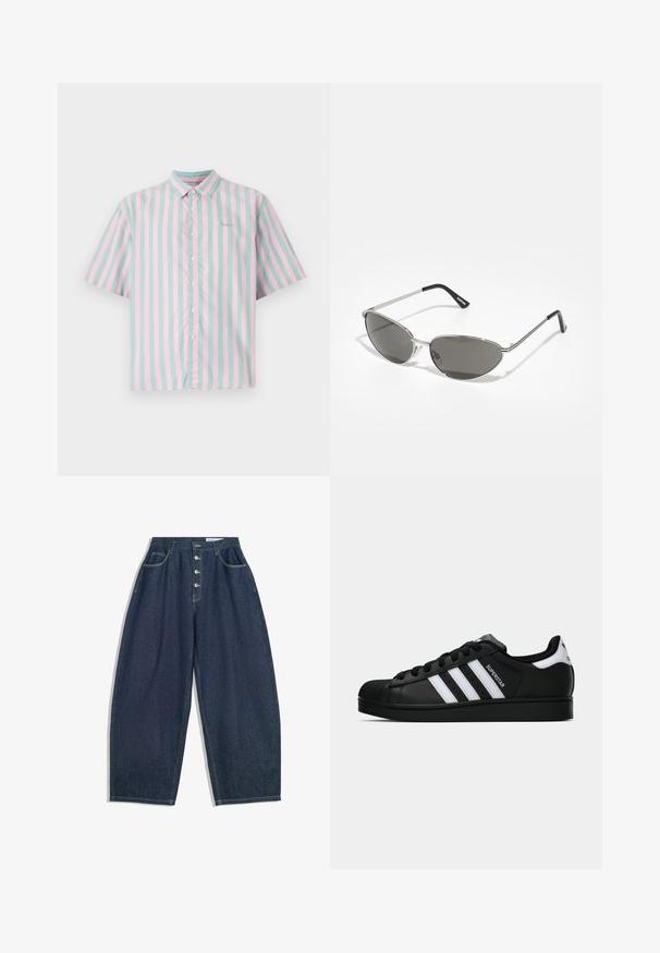 Kortärmad skjorta med knappar som har växelvis ljusrosa och mintgröna vertikala ränder, med en mjuk bomullstextur och en liten logodetalj.; Mörkblå denim byxor med vida ben och hög midja, femknappsstängning och fem fickor. Har sömnadsdetaljer på sömmarna.; Svart Adidas Superstar sneaker med vita ränder, sula i skalform och "Superstar" text på sidan, visad i sidoprofil mot vit bakgrund.; Solglasögon med en elegant, silver metallram, gråtonade linser och en aerodynamisk design med spetsiga kanter och tunna bågar.