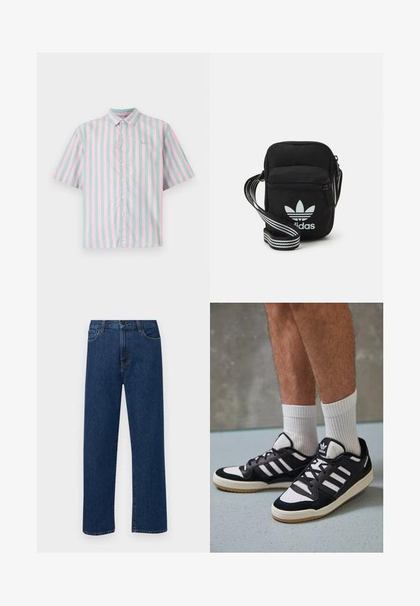 Polo s kratkimi rokavi z gumbi, ki vsebuje izmenične svetlo roza in metino zelene navpične črte, z mehko bombažno teksturo in majhnim logotipom.; Temno modri jeans ravne krojenje z naprsnimi žepi in gumbom za zapiranje, prikazani na enostavni beli podlagi.; Črno-bele superge z zgornjim delom iz usnja in nubuka, ki imajo tri bele črte, perforiran vrh prstov in podplat iz gume.; Črna tkaninska torbica čez ramo z zadrgo, ki vsebuje belo Adidasovo logo in pridelano naramnico z več črtami za enostavno nošenje.
