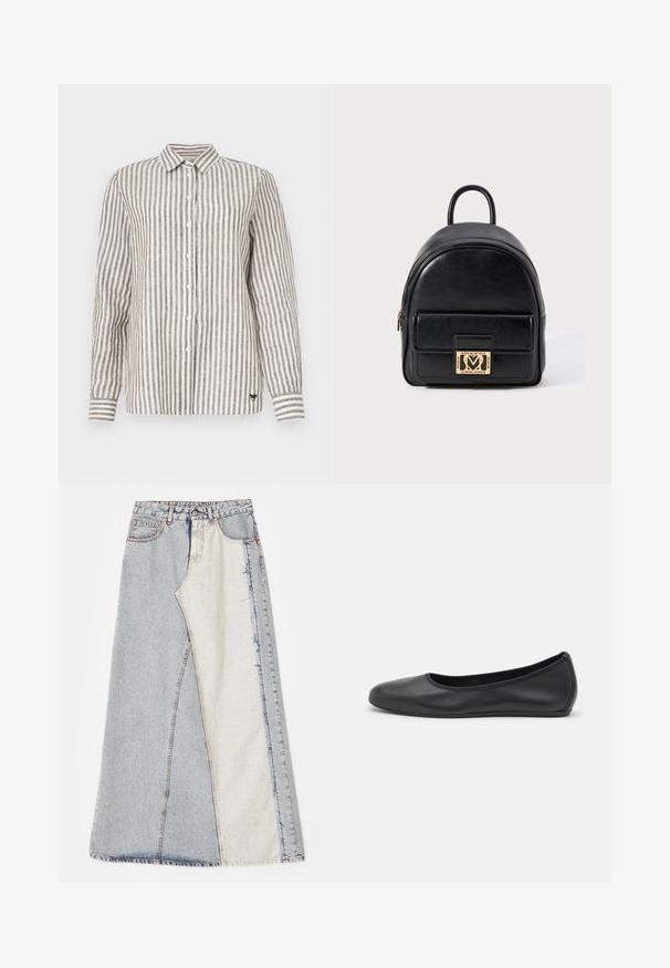 Gaiši beidža krāsas krekls ar tumši brūnām vertikālām svītrām. Ar apkakli, garām piedurknēm un mazu logotipu kreisajā apakšējā stūrī.; Džinsu svārki ar aplicējumu dizainu, kas sastāv no gaiši un vidēji zilo daļu, ar nodilušiem malām un augsto jostu. Klasiskā piecu kabatu stilā.; Melna ādas baleta kurpe ar noapaļotu purngalu, gludu tekstūru, minimālu šuvju detalizāciju un elastīgu zoles dizainu.; Melna ādas mini mugursoma ar priekšējo rāvējslēdzēja kabatu un zeltaini Love Moschino logo plaketi uz baltā fona.