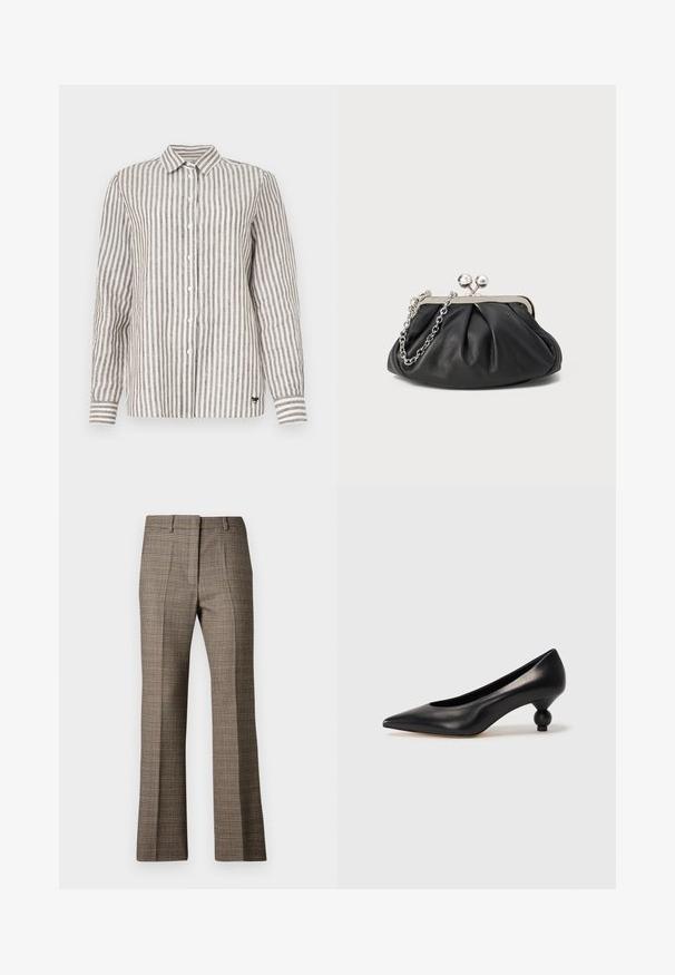 Knapp-up skjorta i ljus beige med mörkbruna vertikala ränder. Kragdesign, långa ärmar och en liten logotyp längst ner till vänster.; Bruna rutiga byxor med rak benpassform, som har ett texturerat tyg och subtila färger av beige och mörkare bruna nyanser genom mönstret.; Svart läderhögklackad sko med spetsig tå och rund, bollformad klack. Slät yta med en elegant, minimalistisk design.; Svart läderclutch med rynkad struktur, silverfärgad metallram, lås med kysslås och kedjesnodd. Slät, mjuk yta.