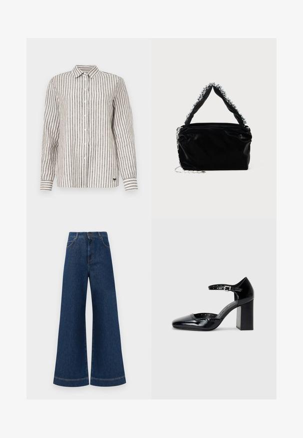 Košilové tričko v světle béžové barvě s tmavohnědými vertikálními pruhy. Design s límečkem, dlouhými rukávy a malým logem na spodním levém rohu.; Široké modré džíny s vysokým pasem, se zapínáním na knoflík, poutky na opasek a jemnými stehy podél kapes a lemů.; Černé lakované kožené vysoké podpatky se čtveratou špičkou, řemínkem kolem kotníku a masivním podpatkem. Obsahuje perforované detaily na okraji.; Černá kabelka z umělé kůže s texturovaným povrchem, zdobená perlovým stříbrným akcentem podél horního ucha a řetízkovým popruhem.