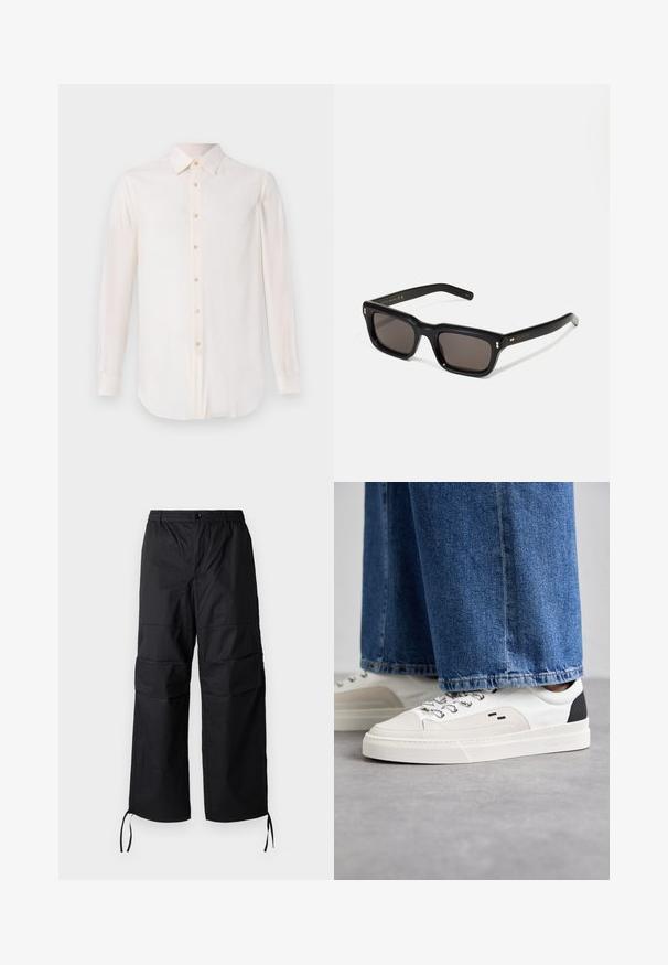 Pal Zileri CAMICIA - Formální košile - white; Černé cargo kalhoty vyrobené z lehké tkaniny, s širokými nohavicemi, elastickým pasem a nastavovacími stahovacími šňůrkami na manžetách. Dvě postranní kapsy.; Bílé a černé tenisky s hladkým koženým svrškem, texturovanými akcenty a robustní bílou podešví. Mají klasický design se šněrováním.; Černé obdélníkové sluneční brýle s tmavými skly, silným plastovým rámem, zlatými akcenty na spáncích a vyrytým logem značky na nožičce.; Vivienne Westwood CITY BUMBAG UNISEX - Ledvinka - black