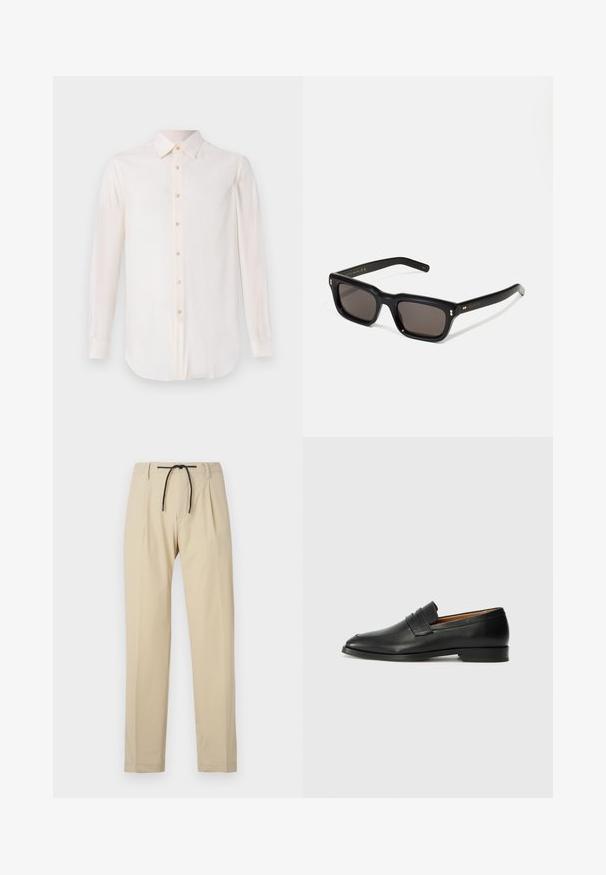 Pal Zileri CAMICIA - Kauluspaita - white; Harmaat housut suoran istuvuuden omaavat, varustettuna narukiristyksellä vyötäröllä, laskostetulla edessä ja sileällä pinnalla. Yksinkertainen, monikäyttöinen muotoilu.; Musta nahkainen loafer, jossa on pyöreä kärki, hienovarainen ommelkoristelu ja matala korko, joka on varustettu sileällä pinnalla ja minimalistisella designilla.; Mustat suorakulmaiset aurinkolasit tummilla linsseillä, paksu muovikehys, kultaiset korostukset temppeleissä ja brändin logo kaiverrettuna varteen.