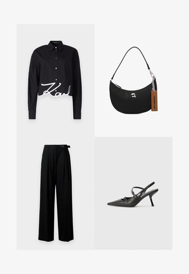 Camisetta nera corta con maniche lunghe, patta con bottoni e scritta in corsivo bianco "Karl" nell'orlo. Realizzata in tessuto morbido.; Pantaloni neri a gamba larga con vita alta, pieghe nella parte anteriore e una cintura con fibbia. Realizzati in tessuto liscio e leggero.; Scarpe slingback nere in pelle con punta affilata, tacco sottile e dettaglio decorativo a fibbia sulla tomaia. Texture liscia e design elegante.; Borsa a tracolla nera in pelle con texture martellata, forma curva, chiusura superiore con zip, hardware color argento e un'etichetta marrone. Presenta un accento con logo.