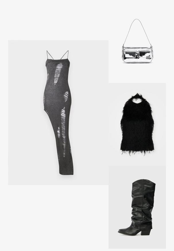 Fekete műszőrme felső kerek nyakkivágással és bojtós textúrával. Az anyag shaggy megjelenésű, réteges hatást kelt.; Fekete kötött hosszú ruha vékony pántokkal, számos kivágott résszel, amelyek mintás hatást keltenek. Puha tapintású, testhez simuló sziluettel.; Fekete bőr, térdig érő csizmák laza fazonban, hegyes orral és vastag sarokkal, sima textúrával és minimális varrással.; Ezüst fémből készült válltáska, két elülső zsebbel, sima textúrával, varrásos részletekkel és egyetlen levehető pánttal. Kompakt, téglalap alakú.