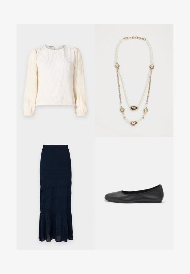 Weiße, strukturierte Bluse mit langen Puffärmeln. Verfügt über einen runden Ausschnitt und eine lockere Passform. Hergestellt aus leichtem, fließendem Stoff.; Marineblauer, gesmokter Midirock mit gestuftem, gerüschtem Saum und strukturierter Stoffstruktur. Elastischer Bund für anpassbare Passform.; Schwarze Leder-Ballettschuhe mit abgerundeter Spitze, glatter Textur, minimalen Nähdetails und einem flexiblen Sohlen-Design.; Perlenkette mit goldenen Akzenten, drei mit Edelsteinen besetzten Elementen und einem geflochtenen Kettenabschnitt. Farbpalette umfasst Weiß und Gold.