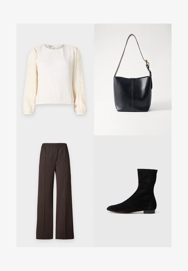 Valge, tekstuuriga pluus pika puff varrukaga. Omab ümmargust kaelust ja lõdvestatud istuvust. Valmistatud kergest, voolavast kangast.; Laiad sääred tumedast pruunist kangast püksid, elastse vöökohtaga, millel on sile tekstuur ja puhtad jooned, et saavutada kohandatud välimus.; Musthave mustan nahast pahkluu saabas, millel on kitsas vars, terav nina ja madal plokk-konts. Pehme tekstuur ja minimalistlik disain, sobib mitmekesiseks stiliseerimiseks.; Mustast nahast õla kott, millel on sile tekstuur, õhuke pikk rihm ja diskreetne õmblusdetail keskosas.