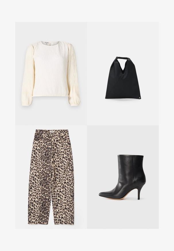 White, textured blouse with long puff sleeves. Features a round neckline and a relaxed fit. Made from lightweight, flowy fabric.; Leopard print trousers in beige and black, featuring a relaxed fit, textured fabric, and four pockets with a waistband.; Black leather ankle boot with pointed toe, slim stiletto heel, and smooth texture. Minimalist design with no visible hardware or accents.; MM6 Maison Margiela SMALL JAPANESE - Tote bag - black