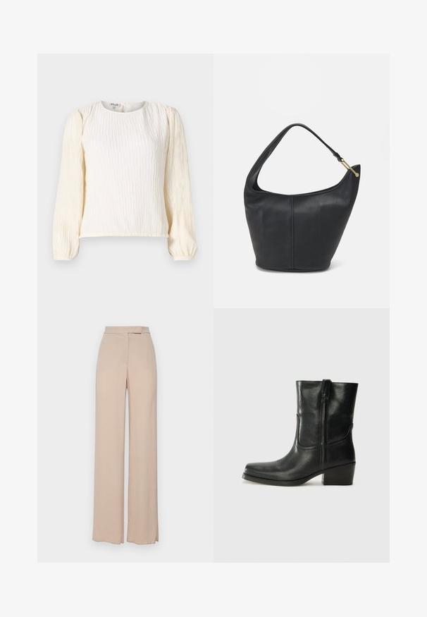 Balta, tekstūruota bluzelė su ilgomis pūkuotomis rankovėmis. Yra apvalus iškirpimas ir laisvas siluetas. Pagaminta iš lengvos, plazdančios medžiagos.; Šviesiai rudos plačių kojų kelnės, pagamintos iš lengvos medžiagos. Jos turi sklandų paviršių, priekines kišenes ir subtilų juosmens dizainą.; Juodi odiniai aulinukai iki kulkšnies su apvali nosimi, blokuotais kulnais, šonine užtrauktuku ir siuvimo akcentais ant viršutinės dalies. Lygi tekstūra, klasikinis dizainas.; Juodas odinis moterų rankinės su apvalia forma, plačiu dirželiu ir tekstūruotu paviršiumi. Yra subtilus siūlės detalizavimas ir auksinės spalvos aparatūra.