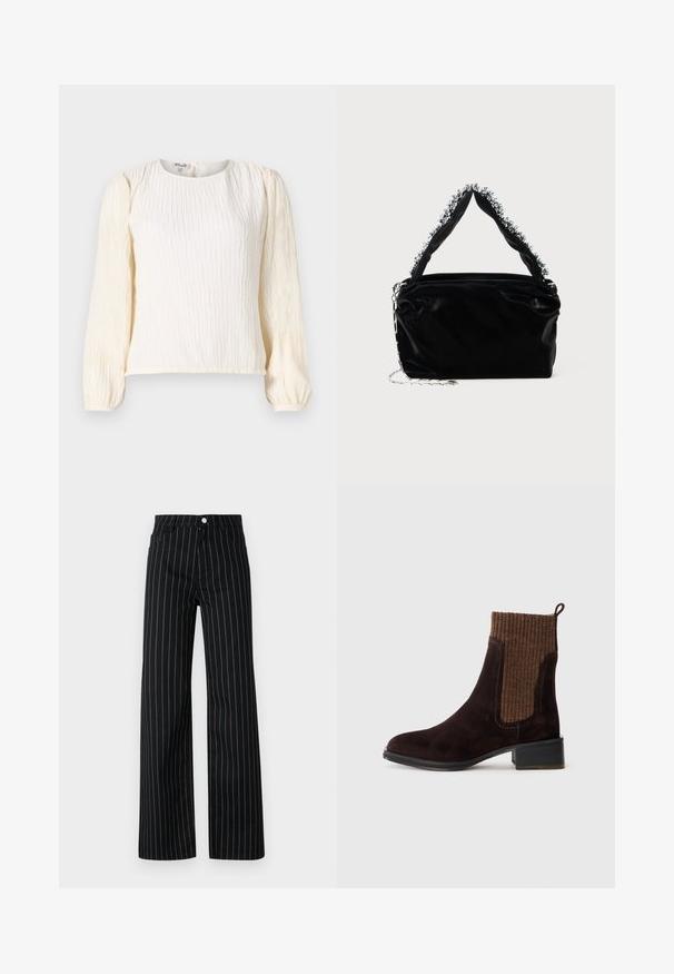 Biała, teksturowana bluzka z długimi, bufiastymi rękawami. Posiada okrągły dekolt oraz luźny krój. Wykonana z lekkiego, zwiewnego materiału.; Czarne spodnie z szerokimi nogawkami i pionowymi niebieskimi prążkami, z klasycznym pięcioma kieszeniami i zapięciem na guzik z przodu.; Brązowy zamszowy botek do kostki z teksturowanym, brązowym, prążkowanym materiałem górnym, gładkim wykończeniem, niskim słupkowym obcasem i pętlą przy pięcie ułatwiającą zakładanie.; Czarna torebka z sztucznej skóry o teksturowanym wykończeniu, z koralikowym srebrnym akcentem wzdłuż górnego uchwytu oraz łańcuszkowym paskiem.