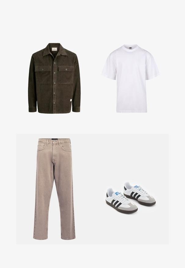 Barna kordbársony dzseki függőleges bordás textúrával, gombos elülső résszel, két mellzsebbel és klasszikus gallérral, finom márkajelzéssel az alján.; Fehér pamut póló kerek nyakkivágással, rövid ujjal és laza szabással. Egyszerű dizájnnal rendelkezik, minták vagy díszek nélkül.; Világos bézs egyenes szárú farmer, enyhén kifakult textúrával, ötpántos kialakítással és fém gombos záródással. Kiemelkedő varrási részletek.; Fehér bőr felsőrészes sportcipő, szürke velúrból készült orral és három fekete csíkkal. Jellemzője a kék logó a nyelvén és egy texturált gumitalp.