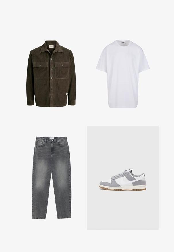Giacca di velluto a coste marrone con texture a costine verticali, chiusura a bottoni frontale, due tasche sul petto e colletto classico, con un'etichetta del marchio discreta sull'orlo.; Maglietta bianca in cotone con maniche corte, scollatura rotonda, vestibilità comoda e senza loghi o motivi visibili. Texture liscia e design minimale.; Jeans a vita alta, dal taglio ampio in denim nero sbiadito. Presentano cinque tasche, passanti per cintura e un design dritto e pulito.; Le sneakers Nike presentano una tomaia in camoscio grigio e pelle bianca con perforazioni, lacci rotondi e una suola in gomma per una migliore aderenza.