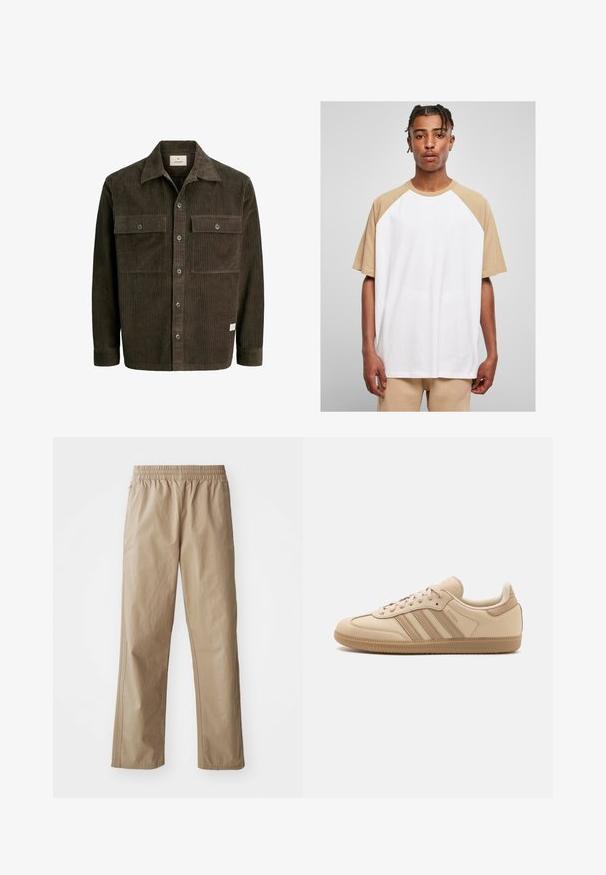 Hnědá kordurová bunda s vertikální ribkovanou strukturou, zapínání na knoflíky, dvě hrudní kapsy a klasický límec, s jemnou značkovou nášivkou na lemu.; Bílé tričko s krátkým rukávem a hnědými raglánovými rukávy. Hladká látka, volný střih a kulatý výstřih s rovnými lemy na spodním okraji.; Béžové, lehké kalhoty s elastickým pasem a rovnými nohavicemi. Obsahují boční kapsy a jemné prošívání. Hladká textura, neformální design.; Béžové kožené tenisky se třemi vodorovnými pruhy, kulatou špičkou, plochou hnědou gumovou podrážkou a měkkou textilní podšívkou na límci a jazyku.