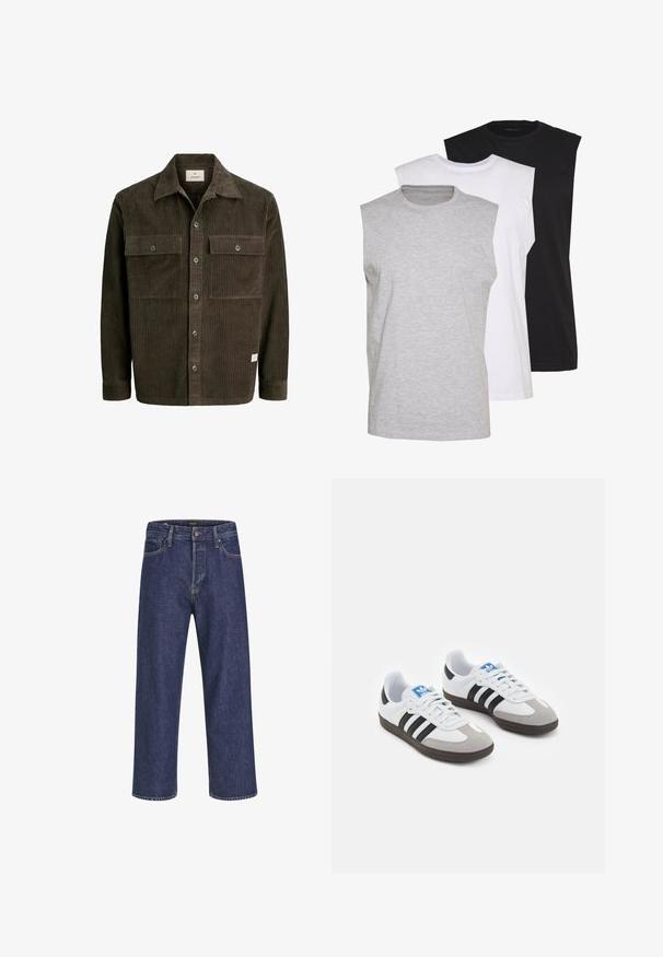Brūns korduroja žakets ar vertikālu ribu tekstūru, pogu aizdare priekšpusē, divas krūšu kabatas un klasisku apkakli, kuru apakšmalā rotā smalka zīmola birka.; Trīs bezpiedurkņu T-krekli pelēkā, baltā un melnā krāsā. Mīksts kokvilnas materiāls ar apaļu kakla izgriezumu un brīvu piegriezumu. Vienkāršs dizains, bez rakstiem.; Tumši zili džinsu bikses ar taisnu piegriezumu, piecu kabatu dizainu, metāla pogas aizdari un kontrastējošām šuvēm, ar smalku faktūru.; Sporta apavi ar balto ādas virsu, pelēku zamšādas purngalu un trim melnām svītrām. Iezīmē zilu logotipu uz mēles un teksturētu gumijas zoli.