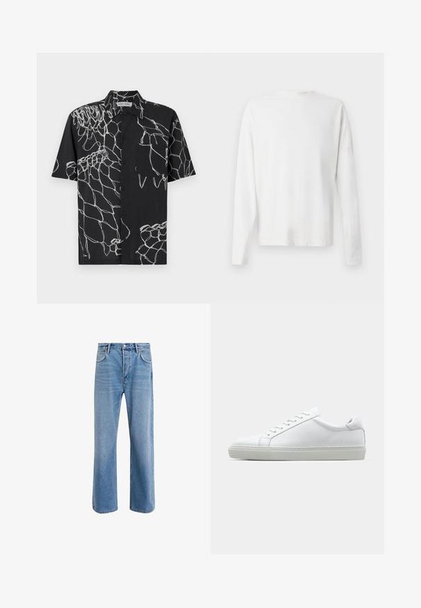 Juodos spalvos trumpomis rankovėmis marškiniai su baltu abstrakčiu linijų raštu. Priekinis mygtukų užsegimas su vienu krūtiniu kišeniu. Medvilnės mišinys.; Ilgų rankovių baltas medvilninis marškinis su apvalia iškirpte, šonuose su plyšiais apačioje ir lygia tekstūra, rodomas iš nugaros.; Šviesiai mėlyni džinsai su tiesiu kirpimu, penkios kišenės, mygtuko užsegimas, minimalus blukimas ir kontrastingi siuvimo detalės.; Baltas sportinis batelis su lygiu odiniu paviršiumi ir žemu profiliu. Turi suapvalintą pirštą, šešis akių skyrius ir tekstūruotą gumos padą.