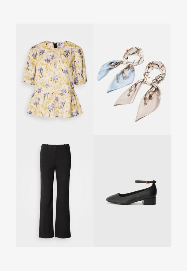 Kukkainen paita, jossa on keltainen, violetti ja vaaleanpunainen kuvio. Varustettu puffihuivilla, nauhasomisteella kaula-aukossa ja peplum-helman. Kevyt kangas.; Mustat puuvillasekoitetekstiilit, jossa on suora lahje, etunappi kiinnitys ja kaksi sivutaskua. Sileä rakenne, ei näkyviä kuvioita.; Mustat nahkakengät, joissa on terävä kärki ja matala lohkare korko. Varustettu nilkkahihnalla, jossa on kultasävyinen solki. Lisää sileä pinta.; Anna Field 2 PACK - Fulardi - blue/pink