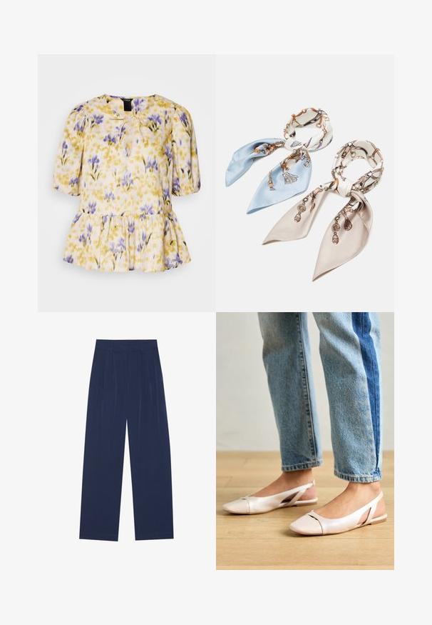 Kwiatowa bluzka z wzorem w kolorach żółtym, fioletowym i różowym. Posiada bufiaste rękawy, detal związany przy dekolcie oraz peplum u dołu. Wykonana z lekkiego materiału.; Granatowe spodnie o szerokich nogawkach, wykonane z miękkiego materiału, z przodem w kant, gładką fakturą i prostym krojem bez widocznych kieszeni.; Jasnoróżowe baleriny na odkrytej pięcie z wąskim noskiem, wykonane z gładkiego materiału imitującego skórę. Posiadają wycięcia po bokach oraz płaski obcas.; Anna Field 2 PACK - Chusta