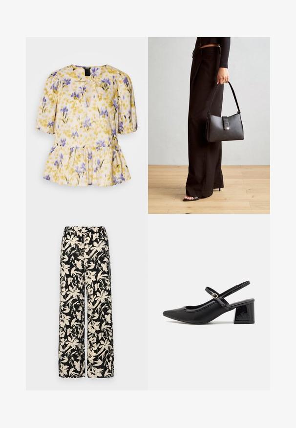 Lillelilleline pluus, millel on kollane, lilla ja roosa muster. Ravitoimelised varrukad, nööpidega kaeluse detail ja peplum ääre. Kerge kangas.; Mustad laiad püksid kreemja lillemustriga. Valmistatud kergest kangast, millel on sile tekstuur ja kõrge vöökoht.; Mustad läikivad nahast slingback-kõrged kontsad, millel on terav nina, ümar lõikekujundus ja blokknina. Omab kuldset nupu aktsenti.; Must musta kott, millel on struktureeritud kuju, sile tekstuur ja metallist klamber. Kombineeritud laiate mustade pükstega ja avatud varvaste sandaalidega puidust põrandal.
