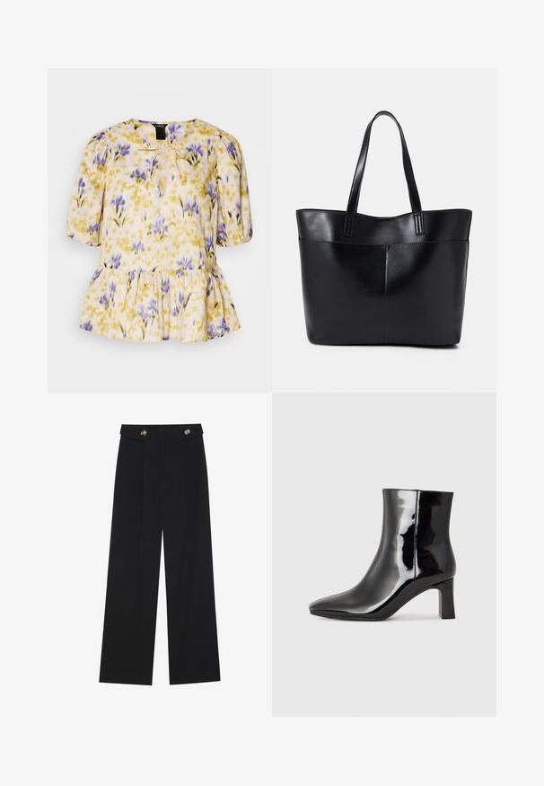 Floral blouse with a yellow, purple, and pink pattern. Features puff sleeves, tie detail at the neckline, and a peplum hem. Lightweight fabric.; Black wide-leg trousers with high waist, button details on waistband, and front pleats.; Black patent leather ankle boot with a pointed toe and a mid-height block heel. Smooth texture and minimalist design.; Black leather tote bag with two long handles, a smooth texture, and a structured shape. Features a front pocket for additional storage.