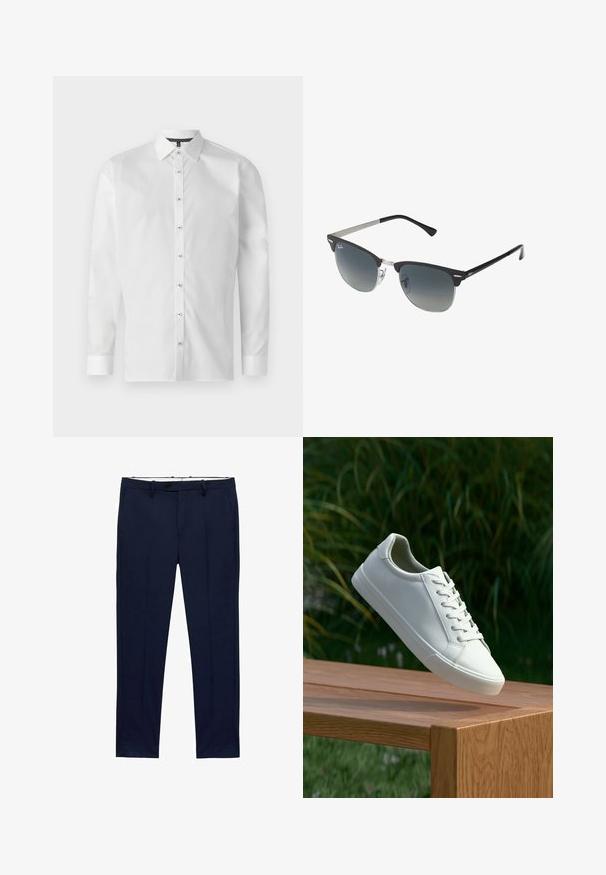 Bílá košile s dlouhým rukávem vyrobená z hladké tkaniny, s klasickým límečkem, zapínáním na knoflíky vpředu a zapínacími manžetami. Tmavě vzorovaný vnitřní límeček.; Námořnické modré kalhoty se slim fit a pruhovaným vzorem. Obsahují zip, poutka na opasek a přední kapsy. Hladká textilie.; Bílé šněrovací tenisky, které se vznášejí nad dřevěnou lavicí, s zeleným listím v pozadí, předvádějící design a strukturu boty.; Černé a stříbrné sluneční brýle ve tvaru kočičích očí, se stupňovitými skly a kovovými detaily na rámu. Plastové nožičky s šedými konci.