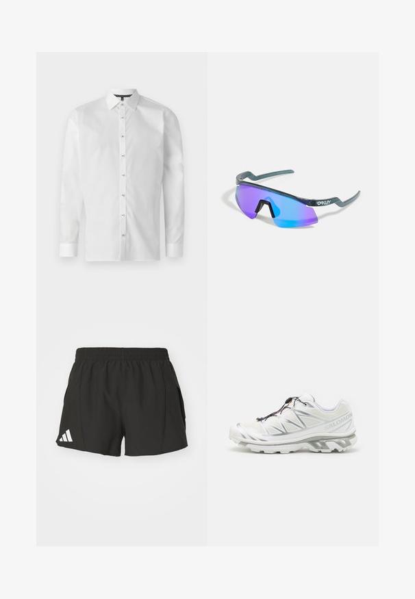 Hvid langærmet skjorte lavet af glat stof, med klassisk krave, knaplukning foran og knapmanchetter. Mørkt mønstret indvendig krave.; Sorte sportshorts lavet af letvægtsmateriale, med en elastisk talje, sidelommer og et hvidt Adidas-logo på venstre ben.; Hvid atletiksko med en tekstureret overdel, reflekterende detaljer og en grå sål. Har fremhævede trekantede mønstre og et hurtigt snøresystem.; Solsikker med en omsluttende design, blå og lilla spejl-linser, grøn ramme og karakteristiske vinklede arme.