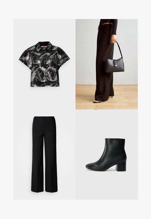 Black cropped shirt with metallic silver abstract pattern, short sleeves, and a pointed collar. Smooth texture and button closure visible.; Black wide-leg trousers with a smooth fabric, featuring a high waist, tailored seams, and a minimalist design. No visible hardware or pockets.; Black leather ankle boots with a pointed toe and a chunky heel. Smooth texture with minimal accents and a sleek, fitted design.; Black handbag with structured shape, smooth texture, and a metallic clasp. Paired with wide black pants and open-toe sandals on wooden floor.
