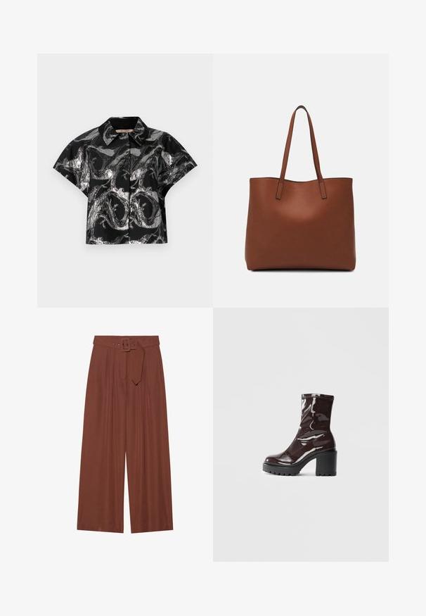 Black cropped shirt with metallic silver abstract pattern, short sleeves, and a pointed collar. Smooth texture and button closure visible.; Wide-leg trousers in brown fabric, featuring a belt with a square buckle, pleated design, and smooth texture.; Glossy burgundy ankle boot with a chunky black heel, featuring a smooth texture and simple design. No visible fastenings or patterns.; Brown leather tote bag with a smooth texture, open top design, and two shoulder straps. Features minimal stitching and no visible hardware.