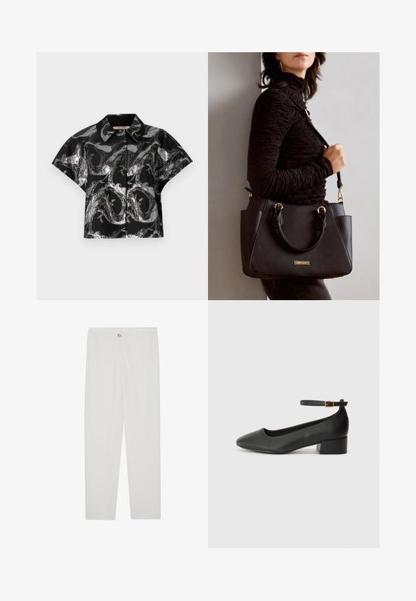 Camiseta preta curta com padrão abstrato metálico prateado, mangas curtas e colarinho pontudo. Textura suave e fecho com botão visível.; Calças brancas, ajustadas, com um design de perna reta, apresentando um fecho de botão, passantes para cinto e bolsos laterais; textura de tecido suave.; Sandal de pele preta com bico pontiagudo e um salto bloco baixo. Apresenta uma tira no tornozelo com uma fivela em tom dourado. Textura suave.; Bolsa preta com superfície texturizada, alças superiores duplas e alça de ombro ajustável. Apresenta ferragens em tom dourado e bolsos laterais.