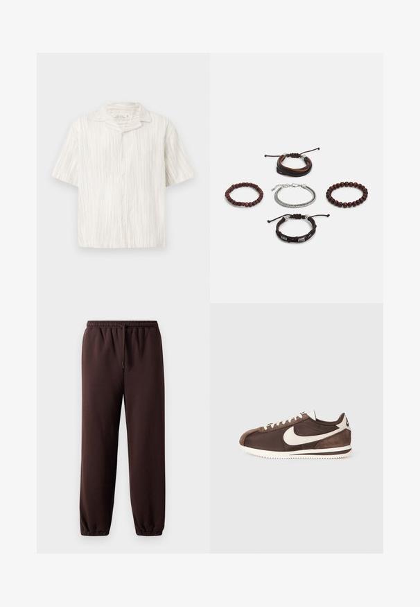 Κοντομάνικο πουκάμισο με κουμπιά από λινό σε ανοιχτό μπεζ χρώμα, με κατακόρυφες υφασμάτινες ρίγες, καστανό γιακά και χαλαρή εφαρμογή.; Καφέ jogger παντελόνι με κορδόνι στη μέση, ελαστικούς μανσέτες και λεία βαμβακερή ύλη. Διάθεση χαλαρού στυλ και μινιμαλιστικού σχεδιασμού.; Καφέ αθλητικά παπούτσια με συνδυασμό σουέντ και καμβά υλικών, με λευκό λογότυπο Nike Swoosh και υφασμάτινη σόλα από καουτσούκ.; Σετ από πέντε βραχιόλια με καφέ δέρμα, ξύλινα κομμάτια και ασημένια αλυσίδα; με διαφορετικές υφές και σχήματα, και ρυθμιζόμενους κλεισίματα.