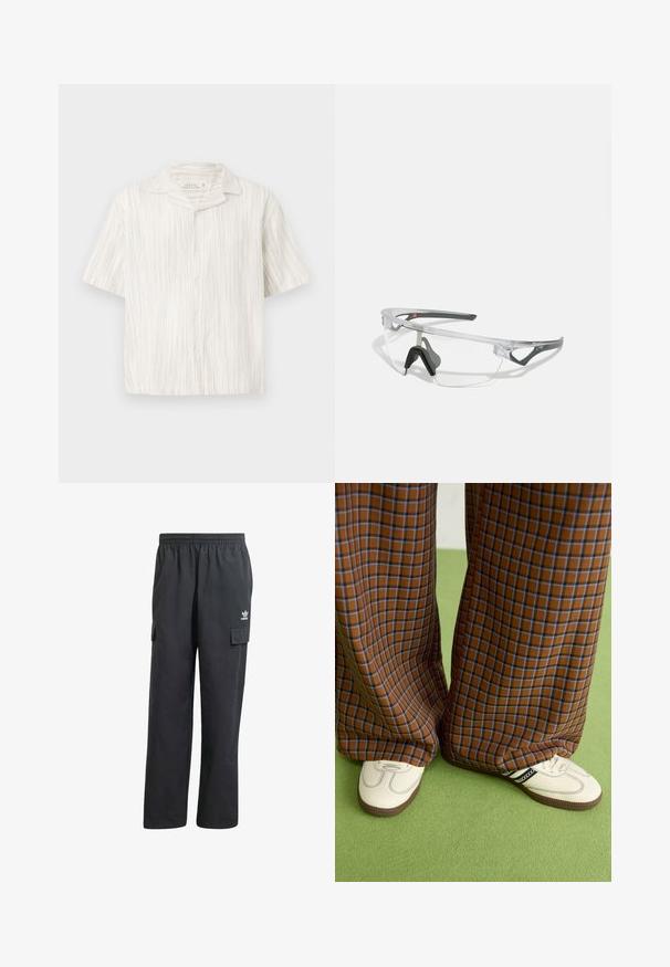Kurzarm-Hemd mit Knopfleiste aus leichtem beigen Leinen, mit vertikalen Strukturstreifen, einem spitzen Kragen und einem entspannten Schnitt.; Schwarze Cargo-Hosen mit einem elastischen Bund, zwei Seitentaschen und einem dezenten Logo auf dem linken Oberschenkel. Hergestellt aus einem leichten Stoff.; Braun und blaue Karohosen mit weitem Bein, kombiniert mit weißen Schuhen mit schwarzen Akzenten und strukturierten Sohlen, vor einem grünen Hintergrund.; Klare Schutzbrille mit einem leichten, transparenten Rahmen und grauen Akzenten. Verfügt über ein umschließendes Design und ein verstellbares Nasenstück.