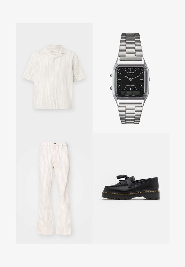 Koszula z krótkim rękawem zapinana na guziki w jasnobeżowym lnie, z pionowymi teksturowanymi paskami, z kołnierzykiem w szpic i luźnym krojem.; Kremowe spodnie w stylu dzwonów z pionowymi czerwonymi prążkami, z zapięciem na guzik, bocznymi kieszeniami i gładkim, teksturowanym materiałem.; Czarny skórzany mokasyn z frędzelkowymi akcentami, z masywną czarną podeszwą i żółtym przeszyciem wzdłuż krawędzi. Teksturowane wykończenie.; Srebrny zegarek kwarcowy ze stali nierdzewnej z czarną prostokątną tarczą, wyposażony w analogowe wskazówki, wyświetlacz cyfrowy oraz oznaczenie odporności na wodę.